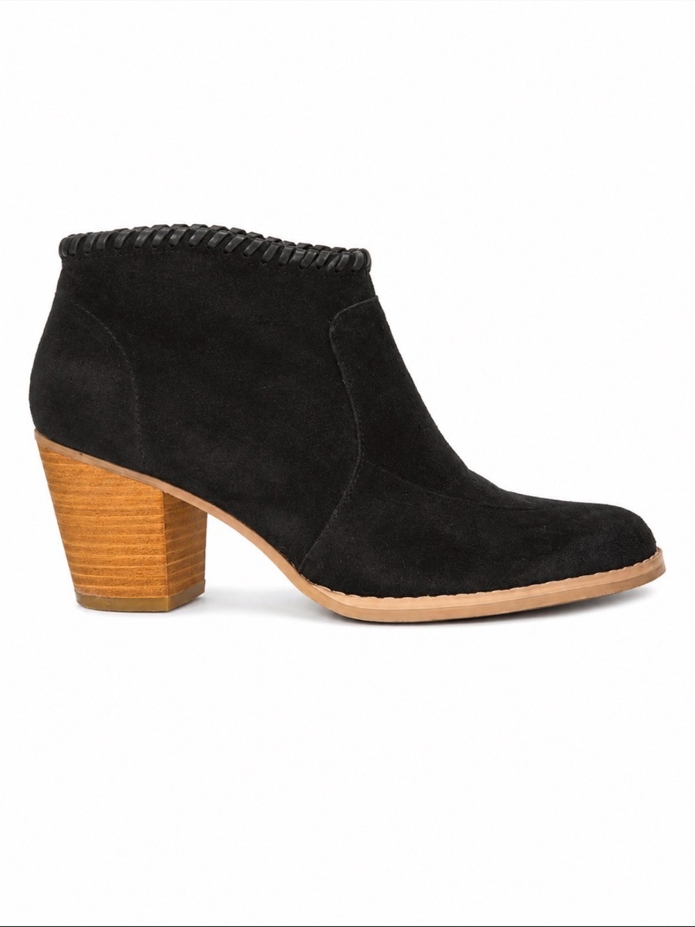 Women's Black Suede Ankle Bootie with Stacked Heel braided ankle detail SZ 8